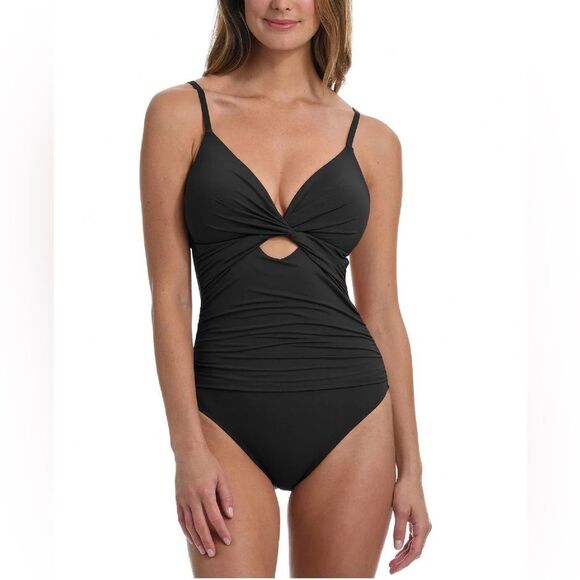 LA BLANCA Classic Black Ruched One Piece Swimsuit Cutout‎ Twist Front Size 2 New - Picture 1 of 9